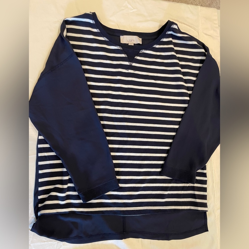 Ann Taylor Loft Women S Casual Mixed Material Long Sleeve Top Blue/White
